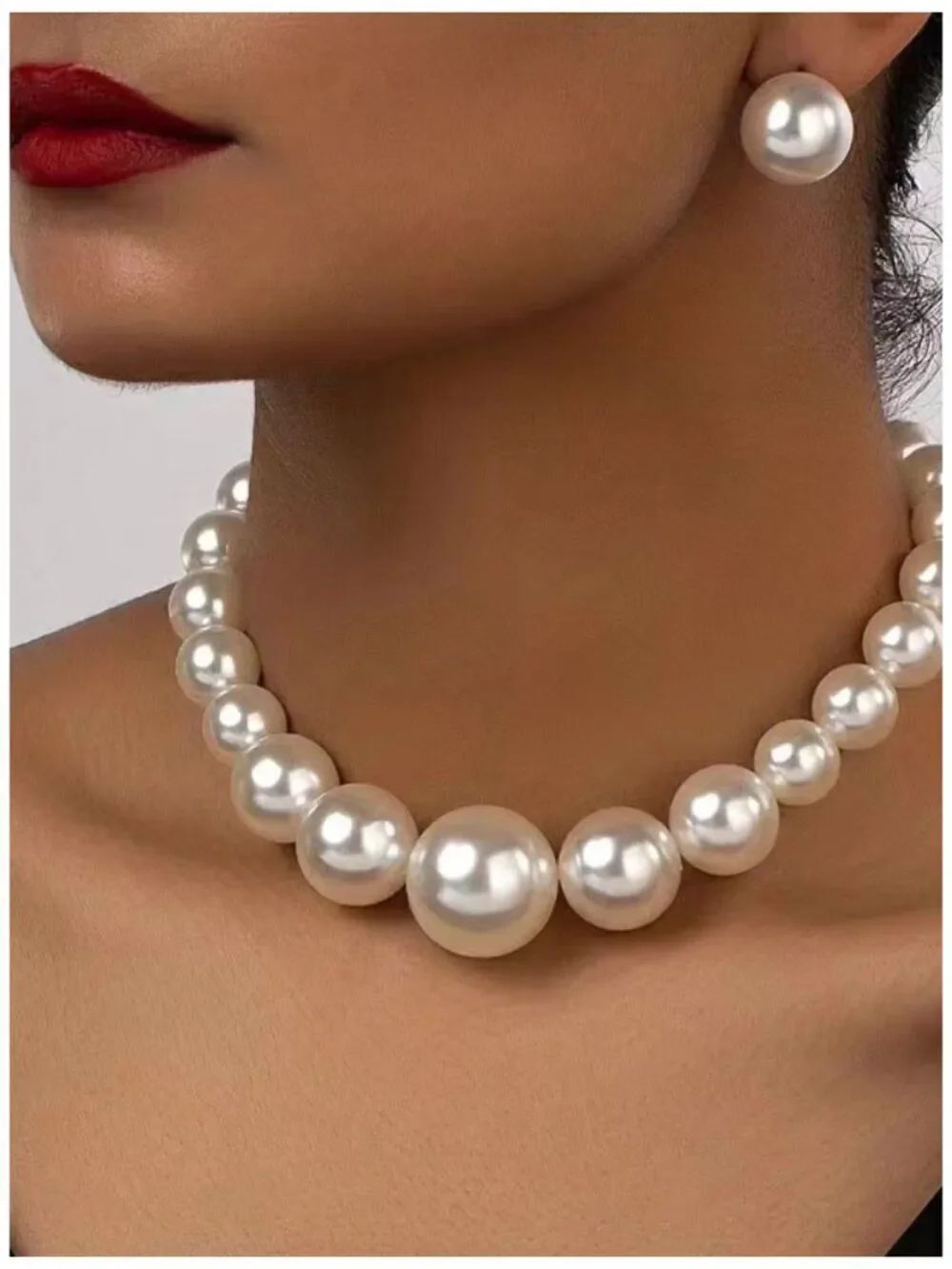NWT Exaggerated Chunky Big Faux Pearl Choker Necklace & Stud Earrings Statement